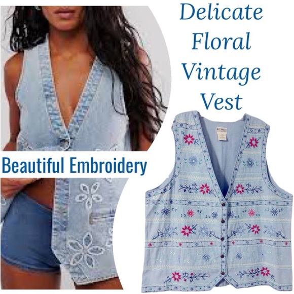 Vintage Embroidered Vest Chambray Denim Cottagecore Floral Koret Blue Size 1X - Picture 16 of 16